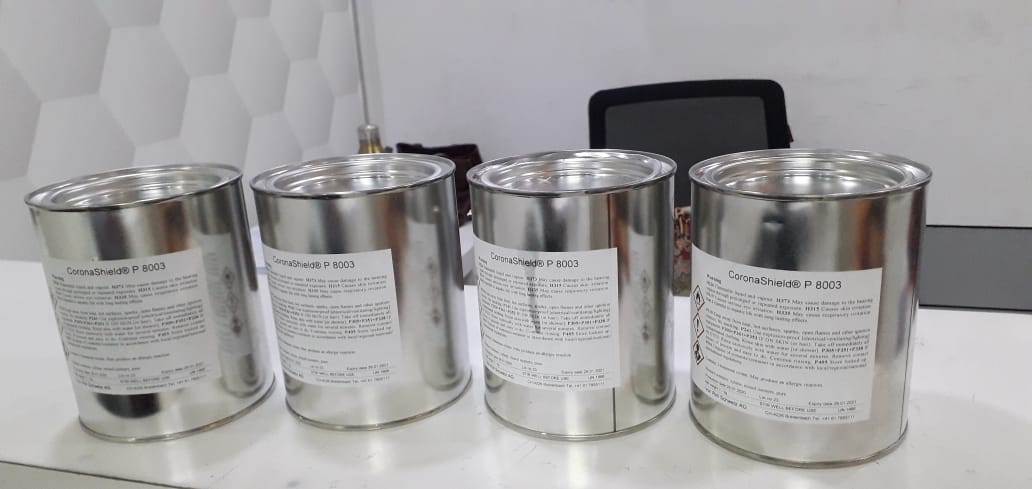 Original CoronaShield P 8003 containers used to explain UN1866 resin solution dangerous goods air freight checks