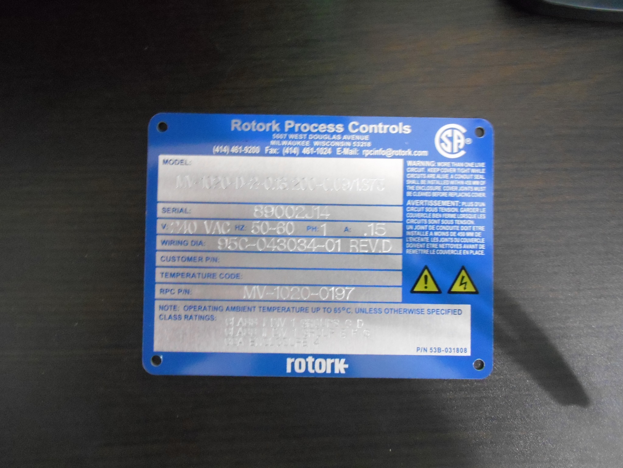 Original project photograph of Rotork Process Controls equipment nameplate supplied to Bangladesh