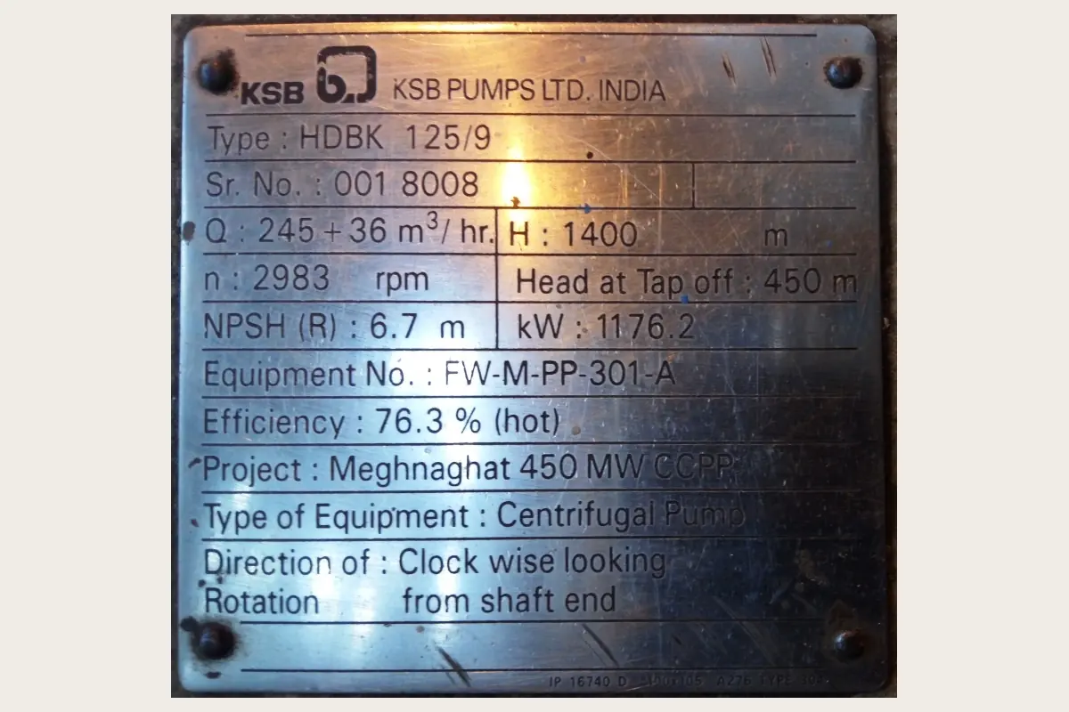 MPL HRSG#1 BFP A for pumps, water treatment and process equipment, team-handled supply reference
